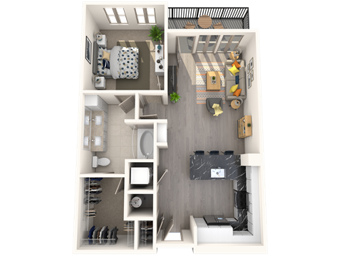 Floor plan for 1 bed, 1 bath, 752 sqft