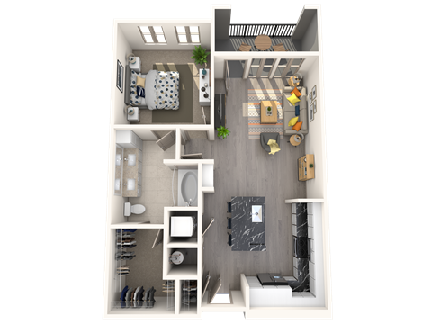 Floor plan for 1 bed, 1 bath, 752 sqft