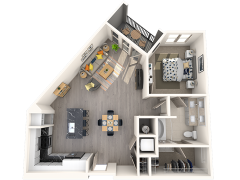 Floor plan for 1 bed, 1 bath, 880 sqft
