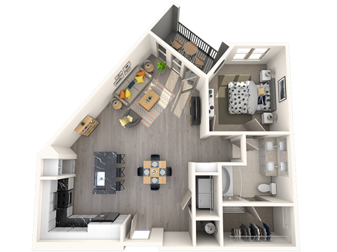 Floor plan for 1 bed, 1 bath, 880 sqft