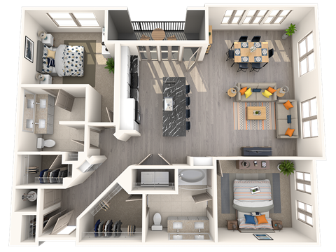 Floor plan for 2 beds, 2 baths, 1373 sqft