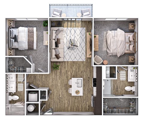 Floor plan for 2 beds, 2 baths, 954 sqft