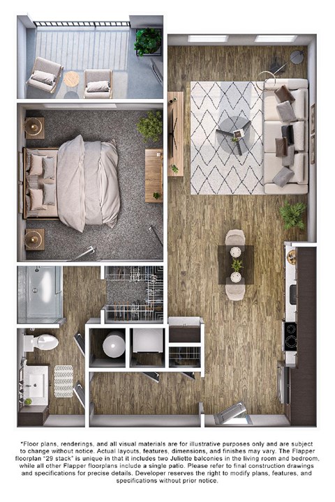 Floor plan for 1 bed, 1 bath, 731 sqft