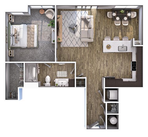 Floor plan for 1 bed, 1 bath, 847 sqft