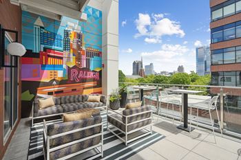 Rooftop terrace with beautiful views of downtown raleigh and glenwood south neighborhoods