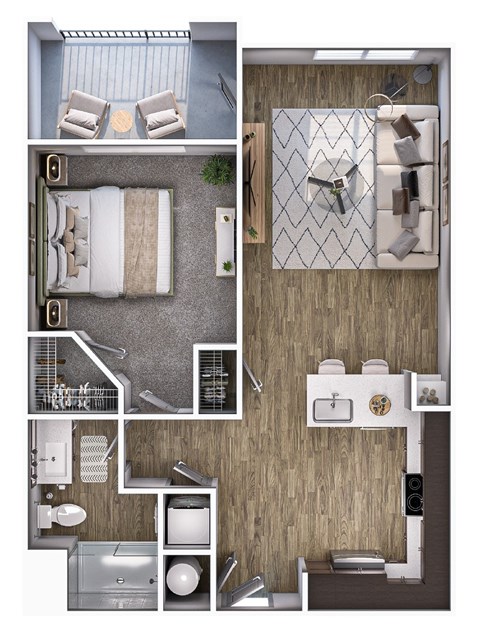 Floor plan for 1 bed, 1 bath, 731 sqft