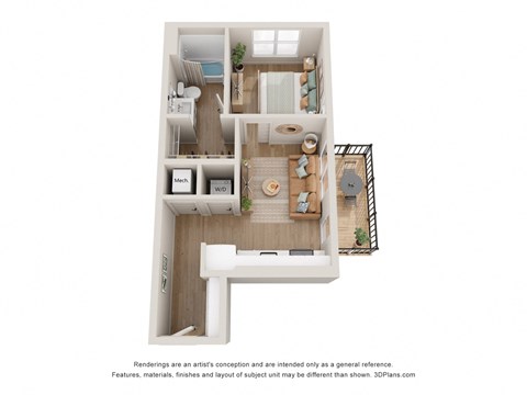 Floor plan for 1 bed, 1 bath, 499 sqft