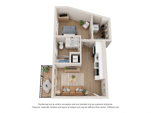 Floor plan for 1 bed, 1 bath, 570 sqft