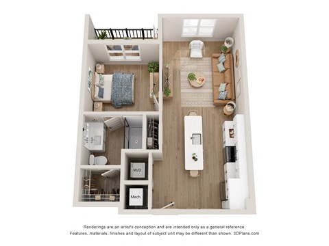 Floor plan for 1 bed, 1 bath, 681 sqft