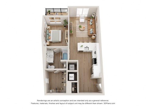 Floor plan for 1 bed, 1 bath, 769 sqft