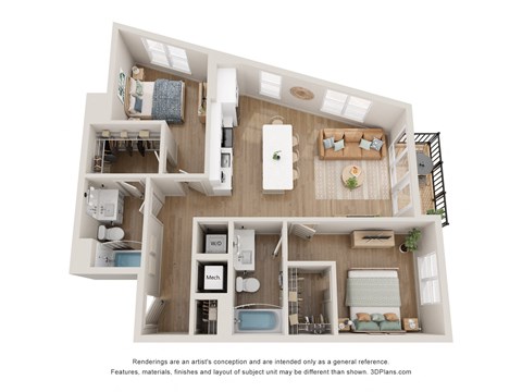 Floor plan for 2 beds, 2 baths, 986 sqft