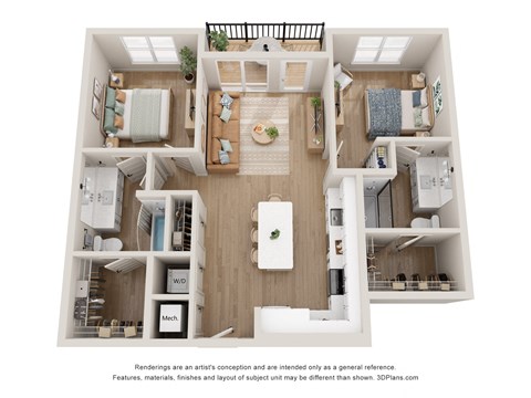 Floor plan for 2 beds, 2 baths, 1003 sqft