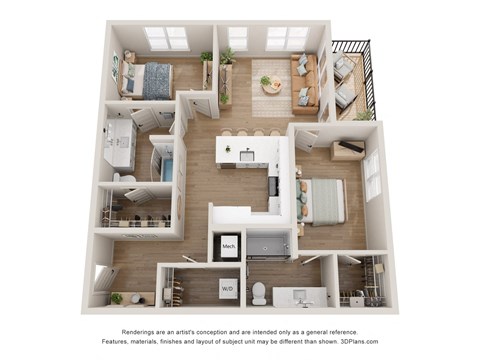 Floor plan for 2 beds, 2 baths, 1041 sqft
