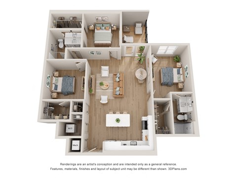 Floor plan for 3 beds, 2 baths, 1361 sqft
