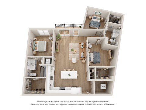 Floor plan for 3 beds, 2 baths, 1416 sqft