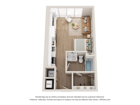 Floor plan for studio, 1 bath, 523 sqft