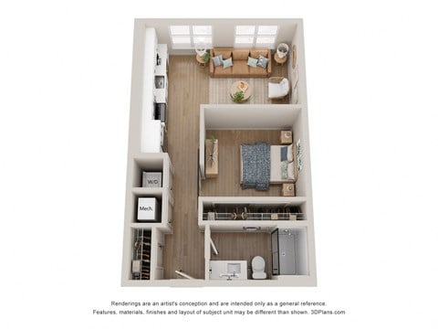 Floor plan for studio, 1 bath, 585 sqft