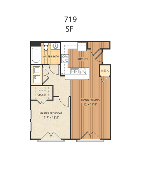 Floor plan for 1 bed, 1 bath, 719 sqft