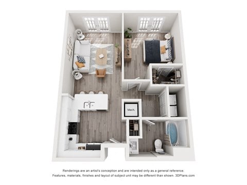 Floor plan for 1 bed, 1 bath, 724 sqft