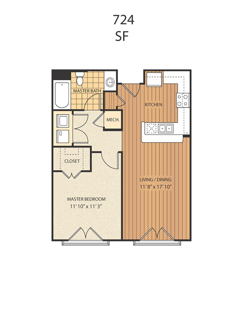 Floor plan for 1 bed, 1 bath, 724 sqft