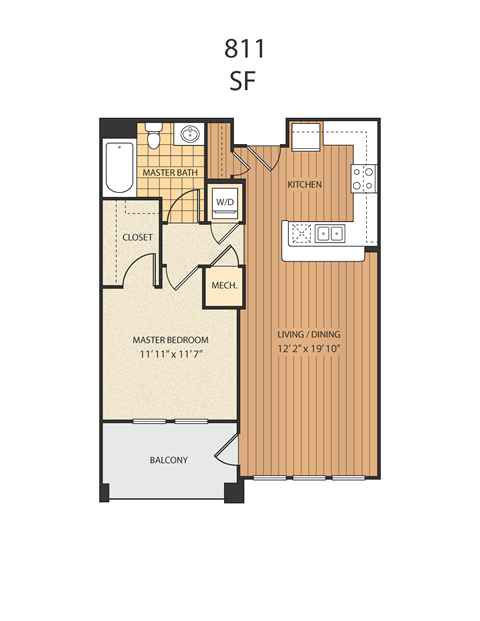 Floor plan for 1 bed, 1 bath, 811 sqft