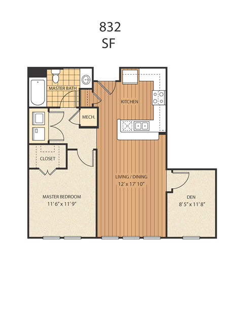 Floor plan for 1 bed, 1 bath, 832 sqft
