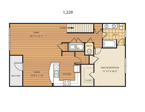 Floor plan for 1 bed, 1 bath, 1229 sqft