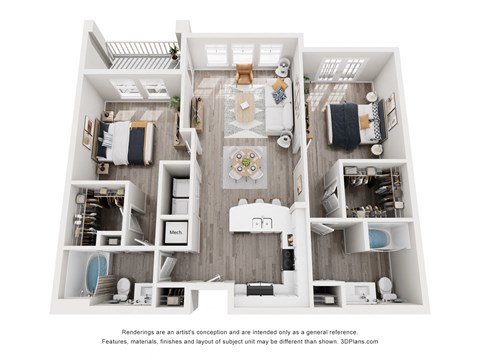 Floor plan for 2 beds, 2 baths, 1216 sqft