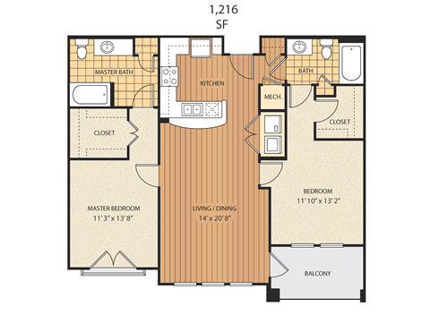 Floor plan for 2 beds, 2 baths, 1216 sqft