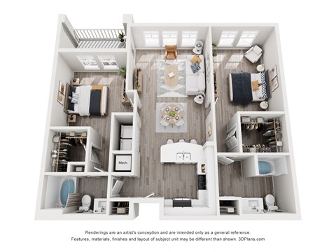 Floor plan for 2 beds, 2 baths, 1239 sqft