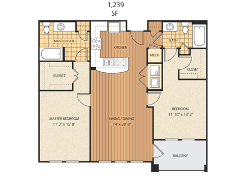 Floor plan for 2 beds, 2 baths, 1239 sqft