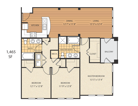 Floor plan for 3 beds, 2 baths, 1465 sqft