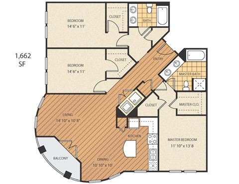 Floor plan for 3 beds, 2 baths, 1662 sqft