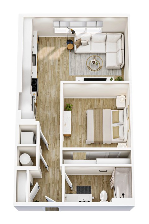 Floor plan for studio, 1 bath, 614 sqft