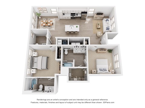 Floor plan for 2 beds, 2.5 baths, 1334 sqft