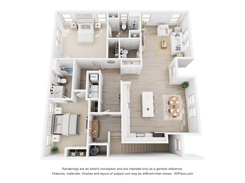 Floor plan for 2 beds, 2.5 baths, 1696 sqft