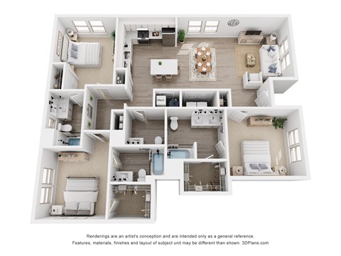 Floor plan for 3 beds, 3.5 baths, 1627 sqft