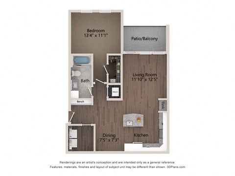 Floor plan for 1 bed, 1 bath, 949 sqft