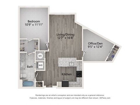 Floor plan for 1 bed, 1 bath, 875 sqft