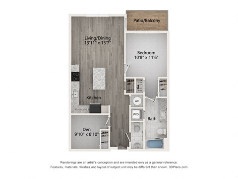 Floor plan for 1 bed, 1.5 baths, 878 sqft