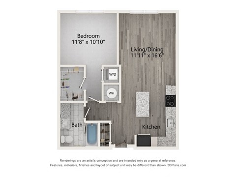 Floor plan for 1 bed, 1 bath, 722 sqft