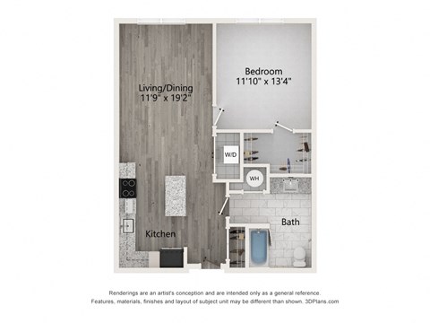 Floor plan for 1 bed, 1 bath, 789 sqft