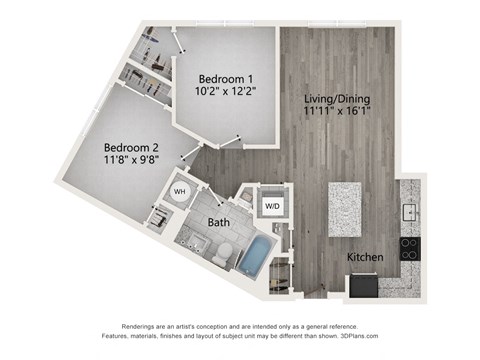 Floor plan for 2 beds, 1 bath, 853 sqft