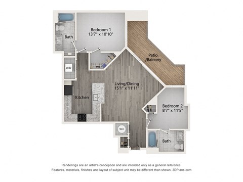 Floor plan for 2 beds, 2 baths, 988 sqft