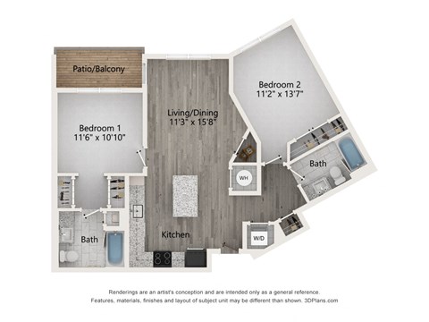 Floor plan for 2 beds, 2 baths, 1014 sqft