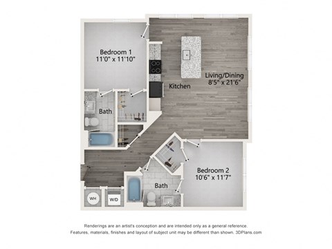 Floor plan for 2 beds, 2 baths, 1017 sqft
