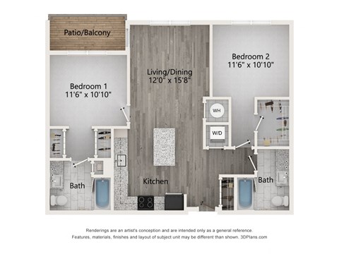 Floor plan for 2 beds, 2 baths, 1017 sqft