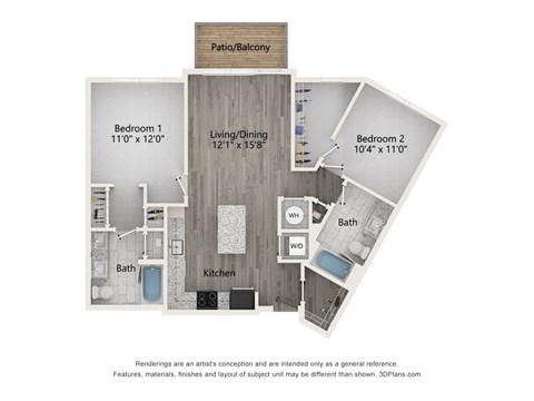 Floor plan for 2 beds, 2 baths, 1045 sqft