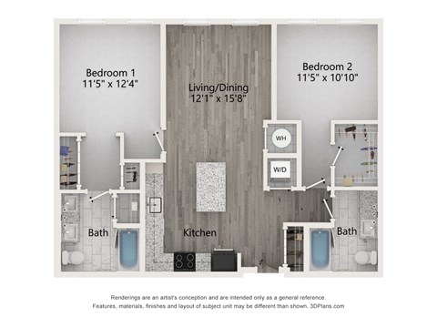 Floor plan for 2 beds, 2 baths, 1070 sqft