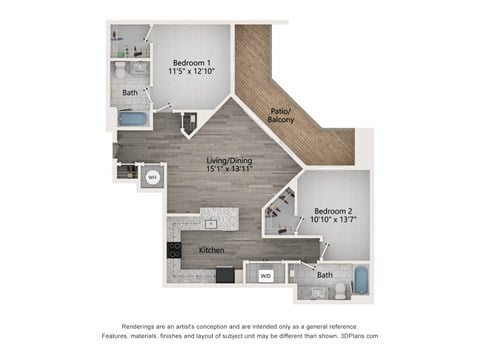 Floor plan for 2 beds, 2 baths, 1084 sqft